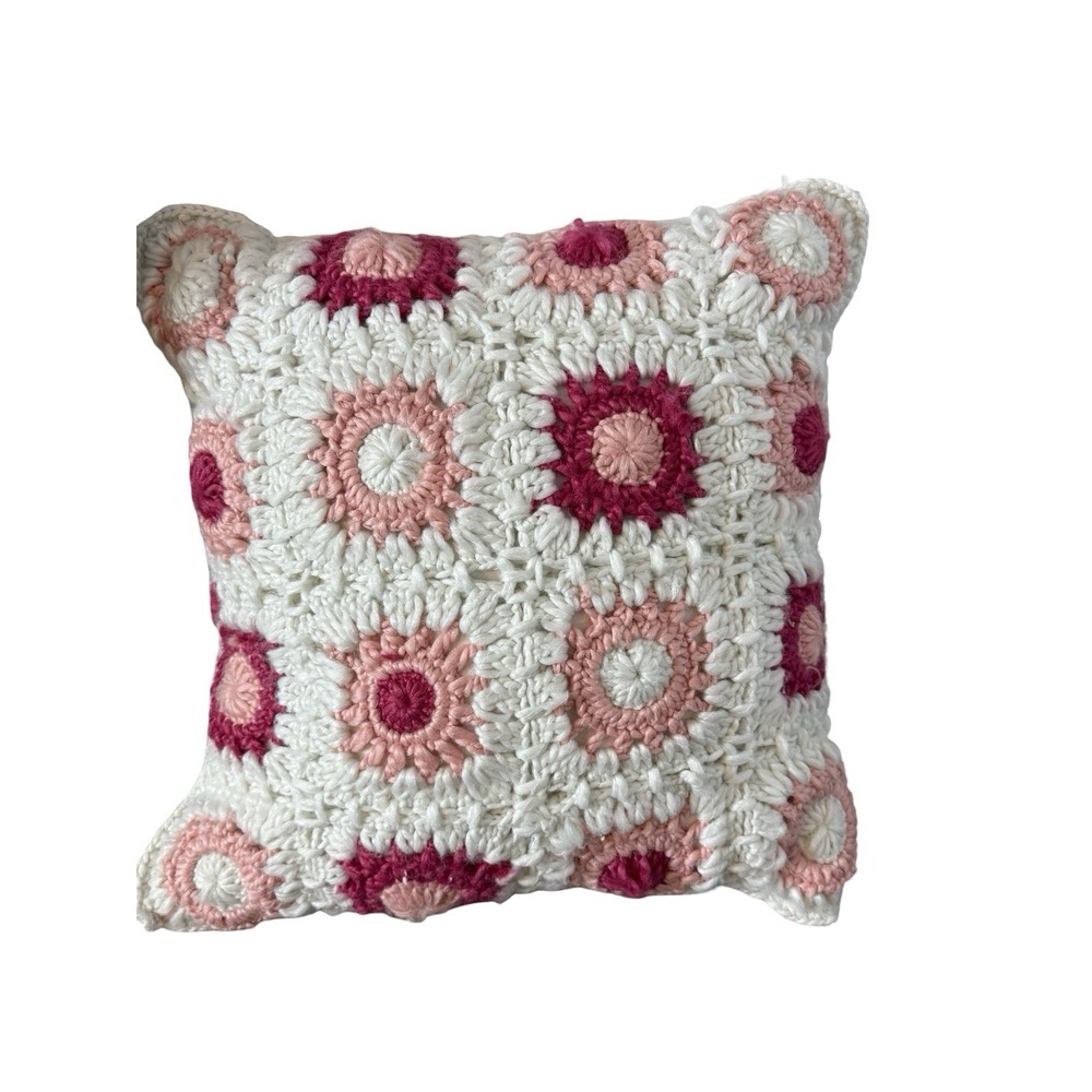 Shabby Chic Pink white granny square throw pillow 19x18‎